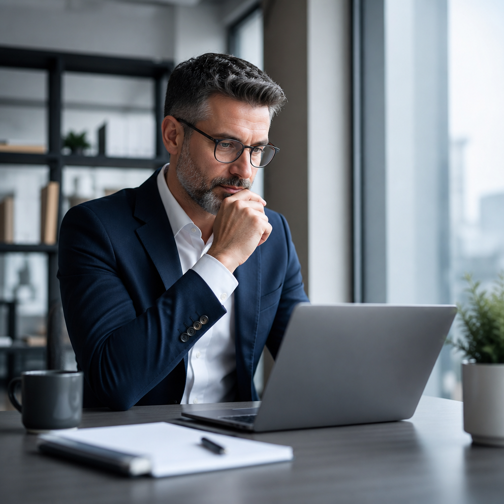Businessman in a suit working on a laptop at a modern office desk