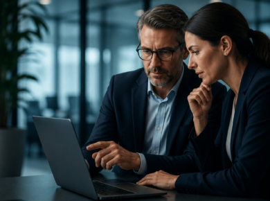 Business professionals collaborating on a laptop in a modern office