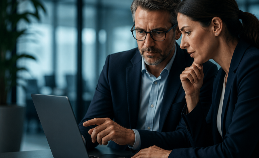 Business professionals collaborating on a laptop in a modern office