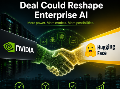 Nvidia and Hugging Face partnership graphic about enterprise AI, faster development, scalability, and innovation