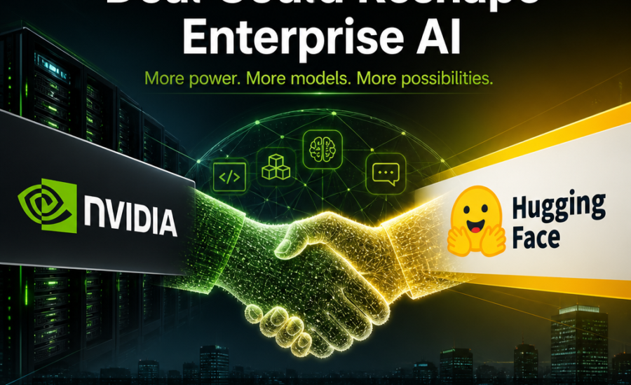 Nvidia and Hugging Face partnership graphic about enterprise AI, faster development, scalability, and innovation