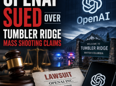 News graphic about OpenAI being sued over alleged mass shooting claims in Tumbler Ridge, British Columbia