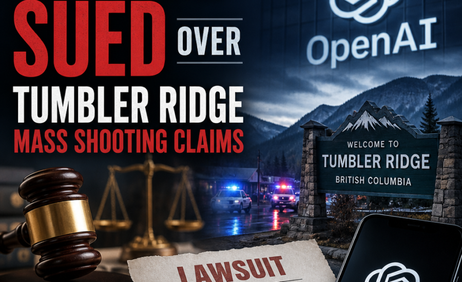 News graphic about OpenAI being sued over alleged mass shooting claims in Tumbler Ridge, British Columbia