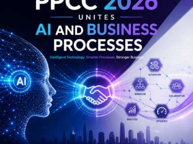 PPCC 2026 conference graphic with AI and human profiles, a digital handshake, and connected technology network