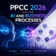 PPCC 2026 conference graphic with AI and human profiles, a digital handshake, and connected technology network
