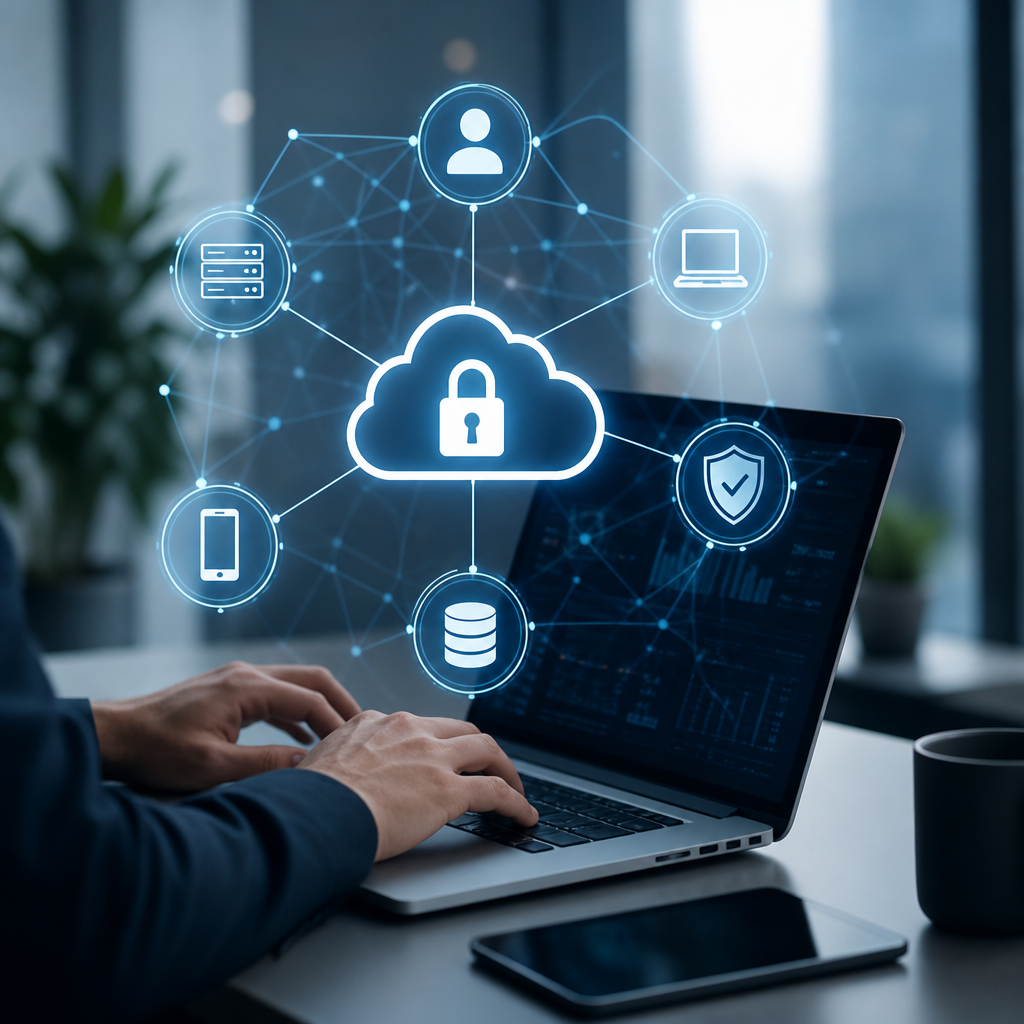 Laptop displaying cloud, lock, database, and network security icons for audit readiness and data protection