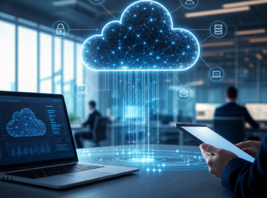 Business professionals viewing a glowing cloud computing network with laptops in a modern office