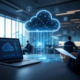 Business professionals viewing a glowing cloud computing network with laptops in a modern office