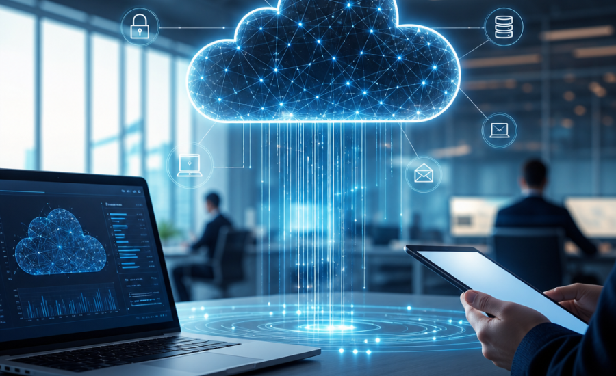 Business professionals viewing a glowing cloud computing network with laptops in a modern office