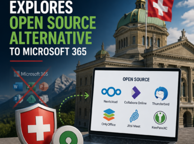 Swiss government explores open-source alternatives to Microsoft 365 with collaboration icons and Swiss landmarks