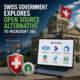 Swiss government explores open-source alternatives to Microsoft 365 with collaboration icons and Swiss landmarks