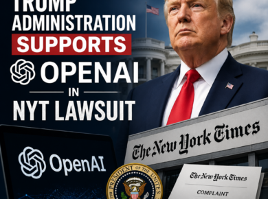 Trump, OpenAI, and legal documents illustrating Trump administration support in New York Times lawsuit