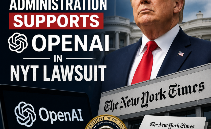 Trump, OpenAI, and legal documents illustrating Trump administration support in New York Times lawsuit