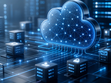 Glowing cloud network with interconnected data nodes and servers representing an integrated management system.