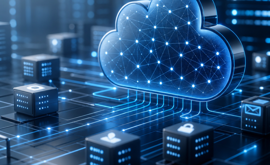 Glowing cloud network with interconnected data nodes and servers representing an integrated management system.