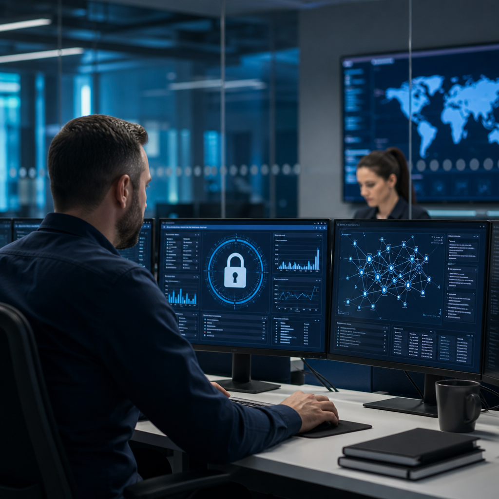 Cybersecurity professionals monitor network security dashboards in a modern operations center.
