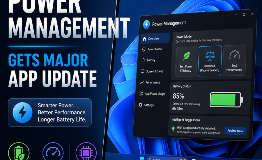 Windows 11 power settings screen promoting smarter power control, longer battery life, and optimized app performance