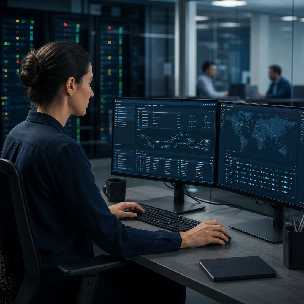 Woman monitoring cybersecurity analytics on dual screens in a modern server room