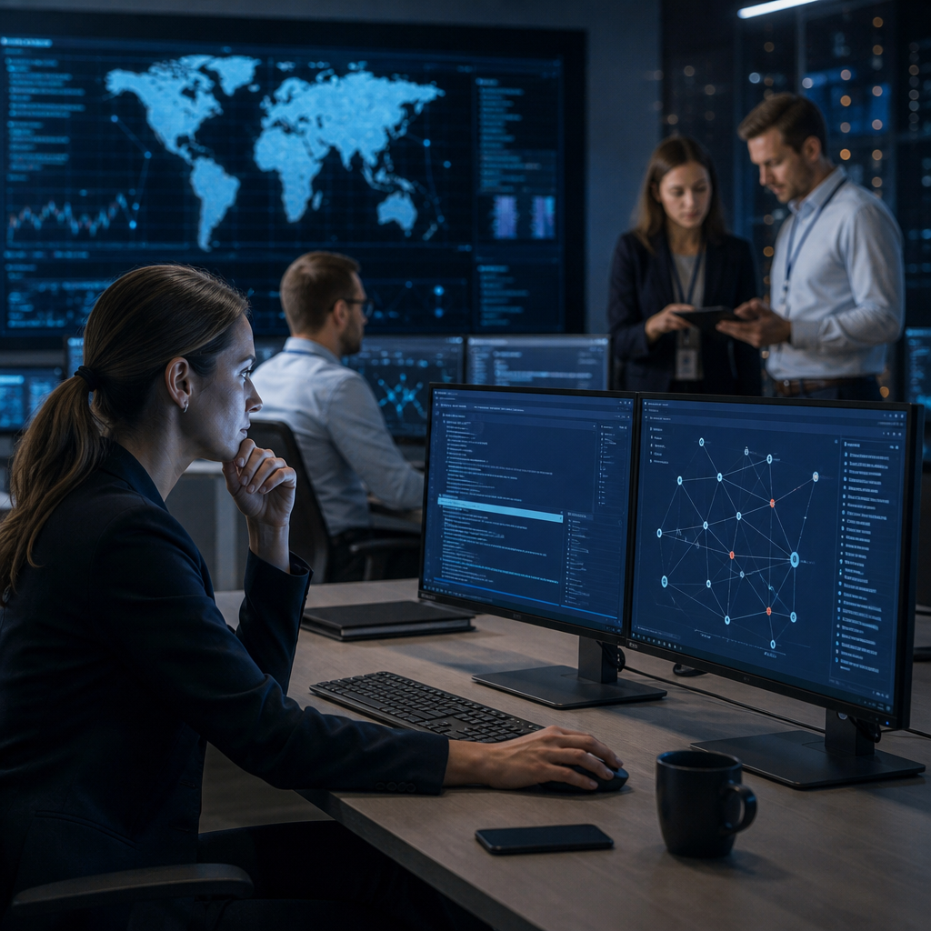 Cybersecurity analysts monitor global network activity on multiple screens in a modern control room.