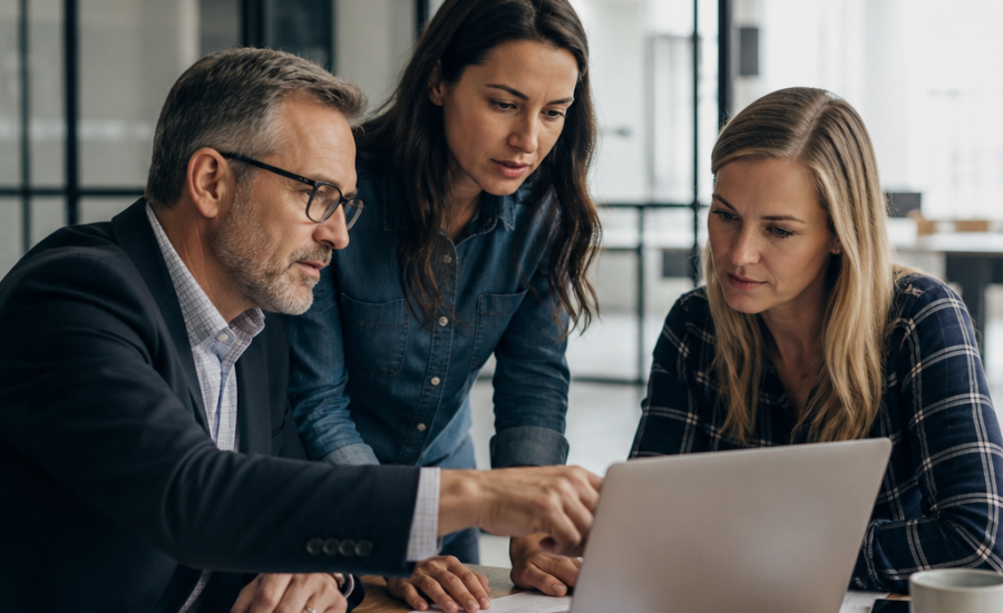 Three business professionals collaborate around a laptop in a modern office, discussing cybersecurity risks.