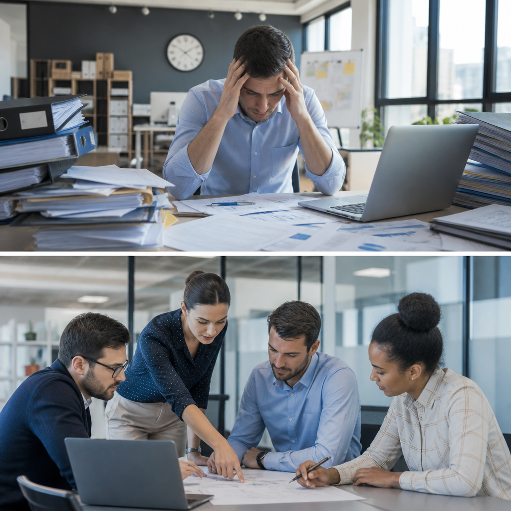 Business professionals collaborating over documents and laptops in a modern office.