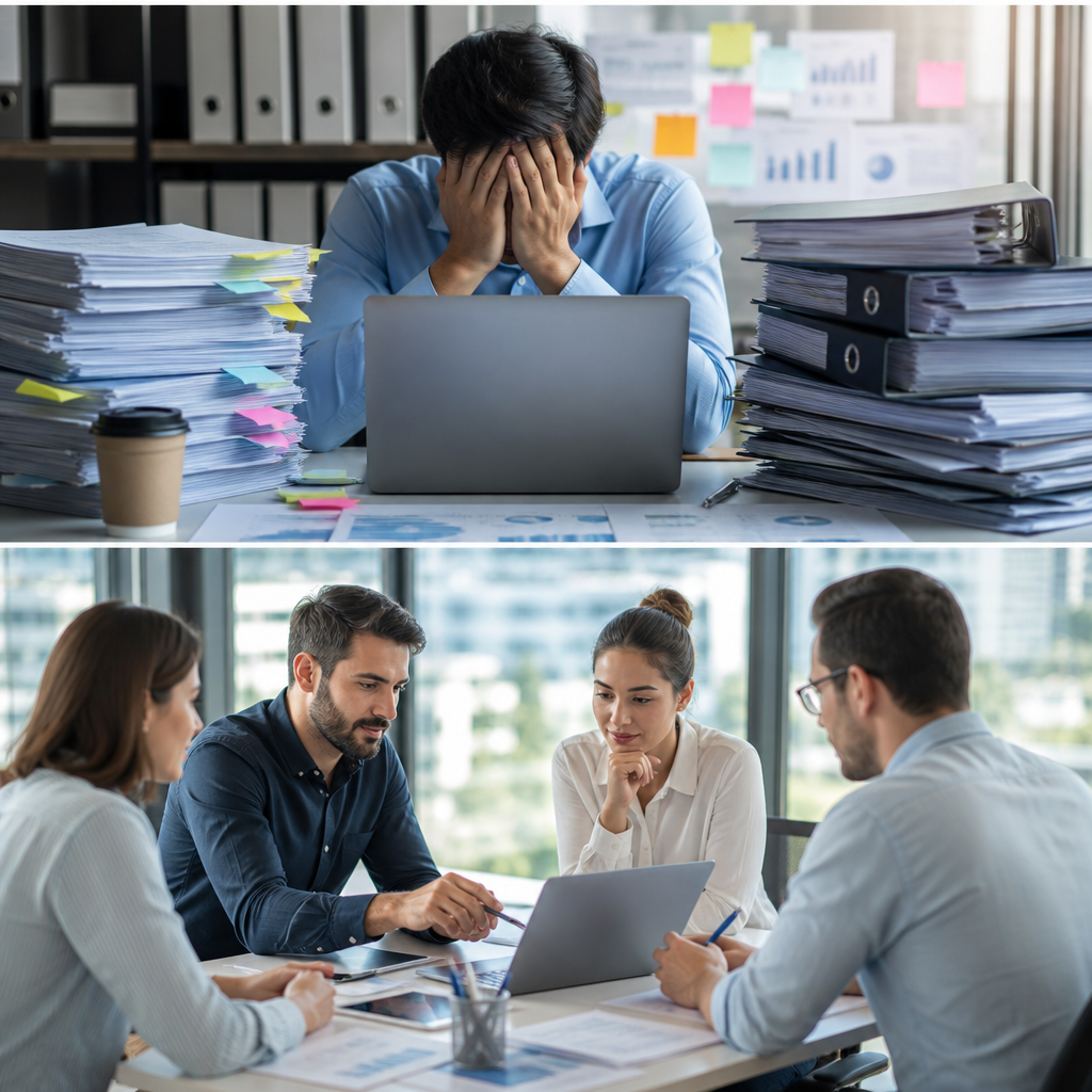 Colleagues in a modern office gather around a laptop during a productive team meeting