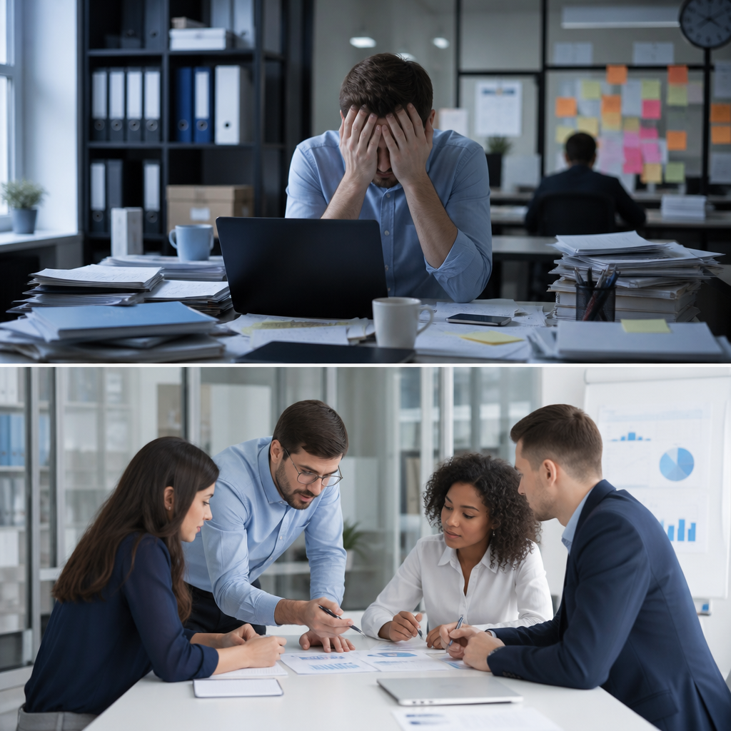 Stressed man at cluttered desk while business team collaborates in a meeting