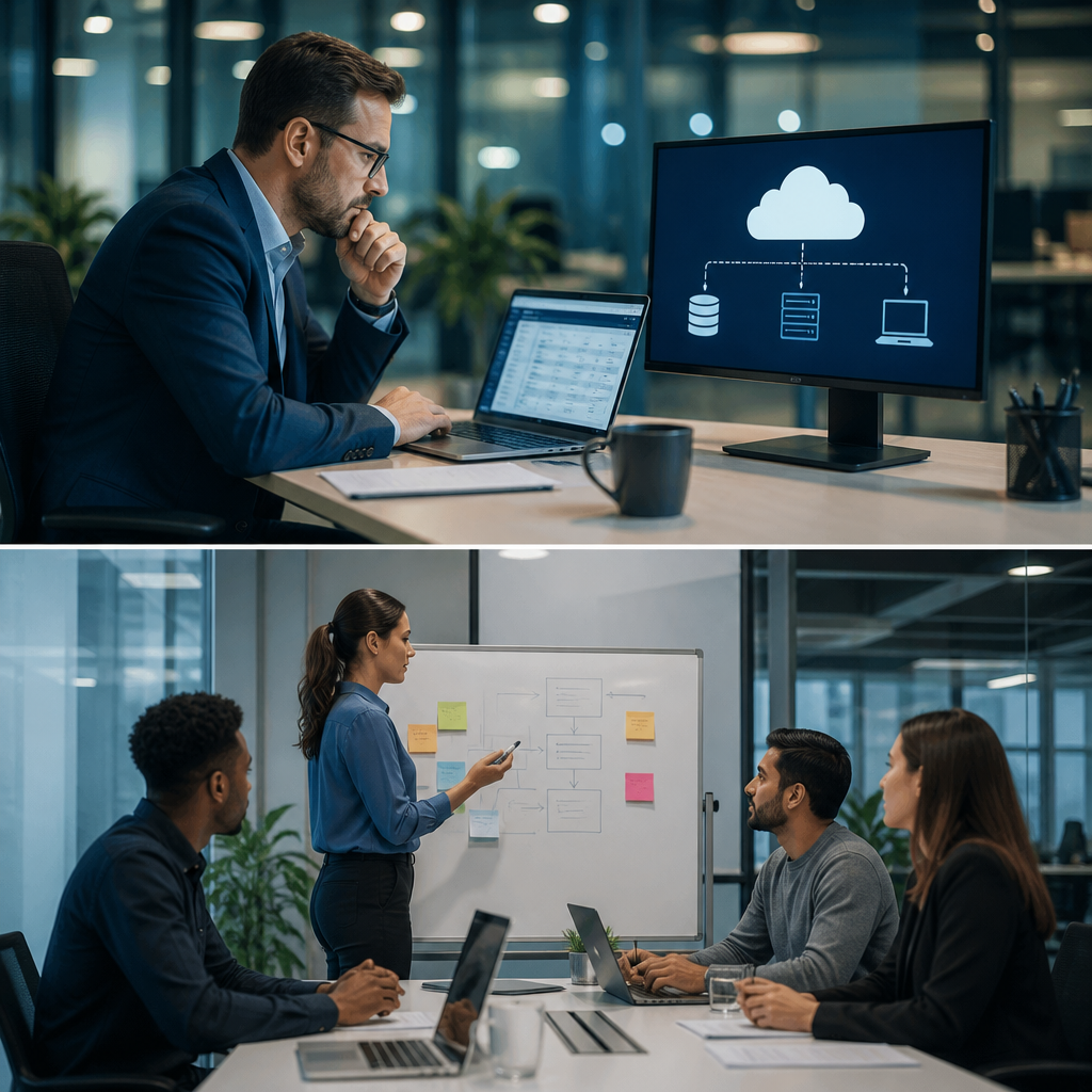 Business professionals discuss cloud computing and project planning in a modern office meeting