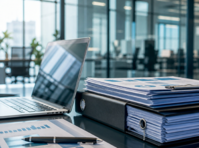 Laptop beside financial reports and stacked documents on a modern office desk