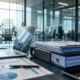 Laptop beside financial reports and stacked documents on a modern office desk