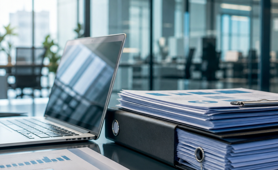 Laptop beside financial reports and stacked documents on a modern office desk