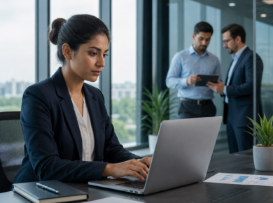 Businesswoman working on a laptop while colleagues talk in the background