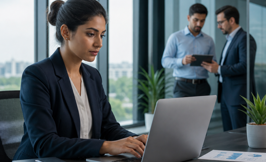 Businesswoman working on a laptop while colleagues talk in the background