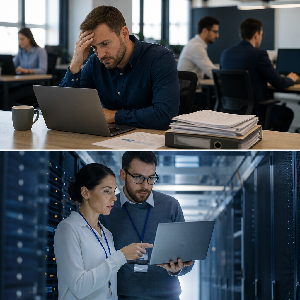 Two office workers reviewing data on a laptop in a modern data center workspace