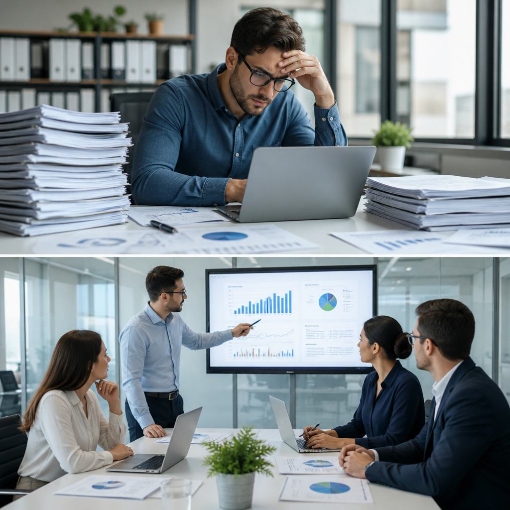 Business professionals reviewing reports and analytics in a modern office meeting room