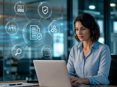 Professional woman working on a laptop with digital business icons in a modern office