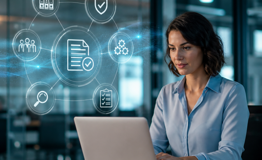 Professional woman working on a laptop with digital business icons in a modern office