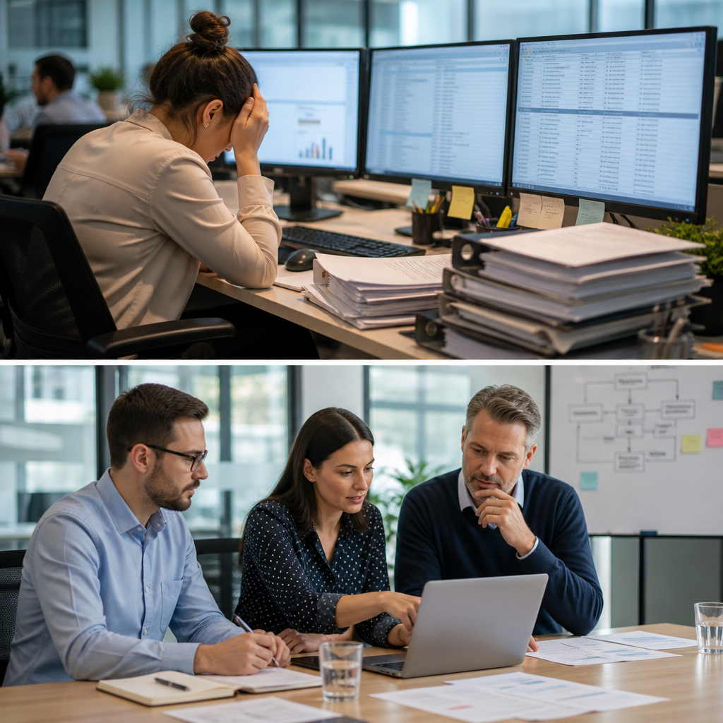 Overwhelmed analyst at multiple monitors while team collaborates around a laptop in a modern office