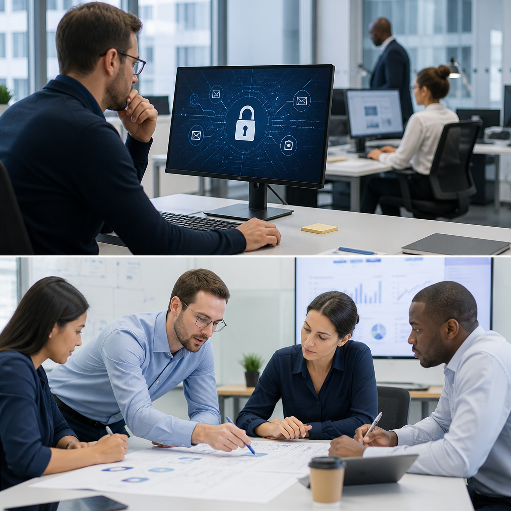 Cybersecurity analyst monitoring alerts while coworkers review business data on dual screens