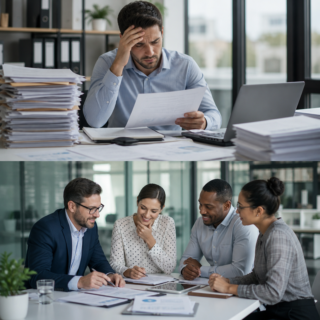 Office workers review documents and discuss paperwork in a modern business meeting.