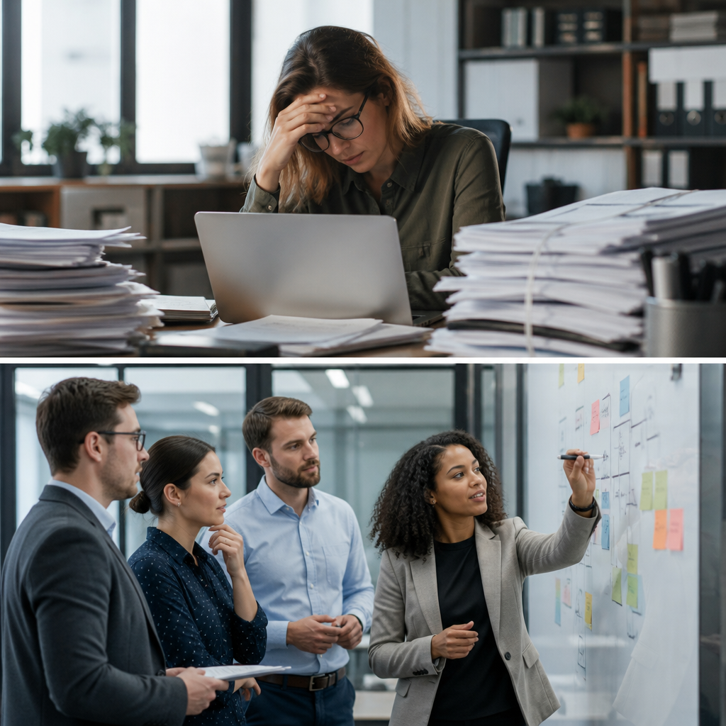 Overwhelmed office worker at a laptop while colleagues collaborate at a strategy board in a modern office