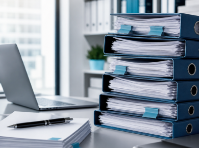 Blue office binders and paperwork stacked beside a laptop on a modern office desk