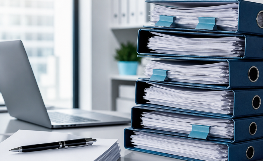 Blue office binders and paperwork stacked beside a laptop on a modern office desk