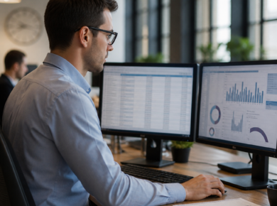 Business analyst reviewing data dashboards on dual monitors in a modern office.