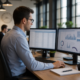 Business analyst reviewing data dashboards on dual monitors in a modern office.