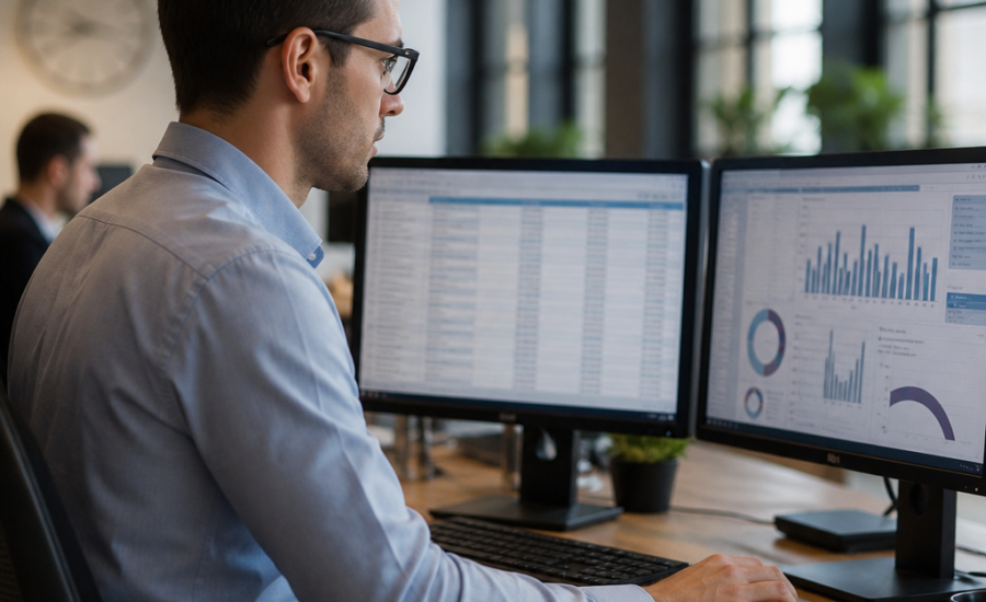 Business analyst reviewing data dashboards on dual monitors in a modern office.