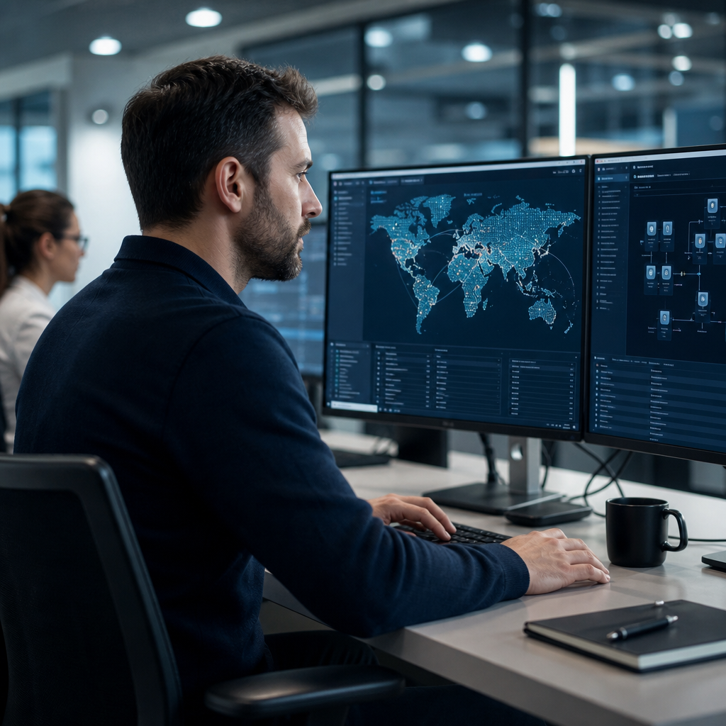 IT professional monitoring global network data on multiple computer screens in a modern office