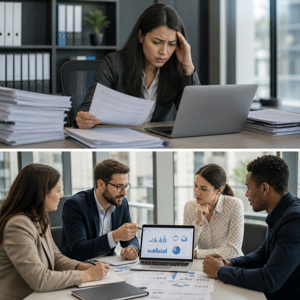 Stressed woman reviewing documents at a laptop above a team collaborating on data charts below