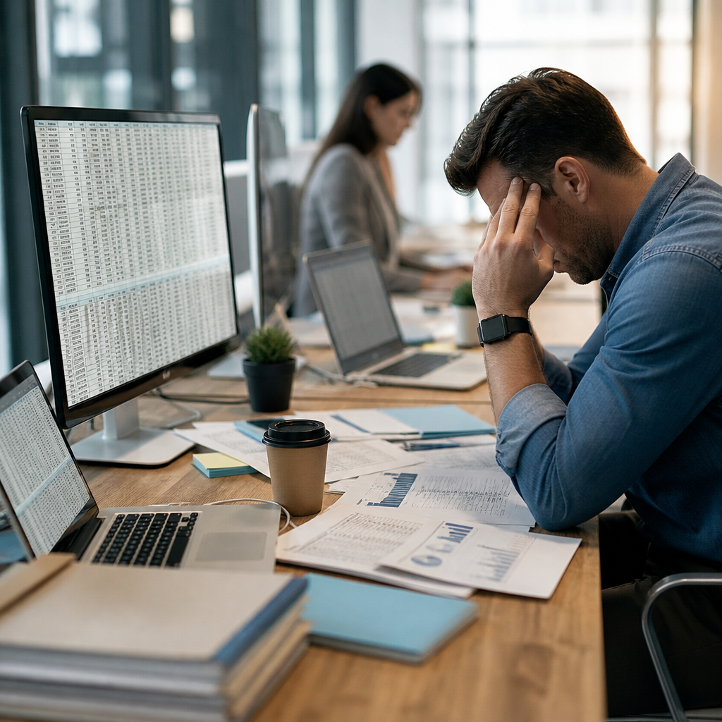 Stressed office worker holding his head at a desk with computers and paperwork