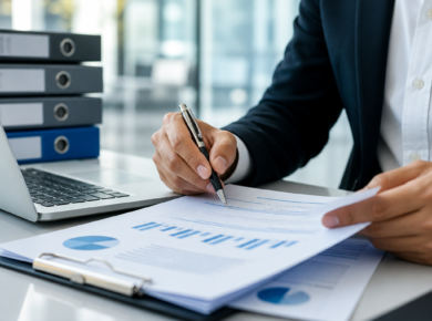 Business professional reviews financial charts while signing documents at an office desk